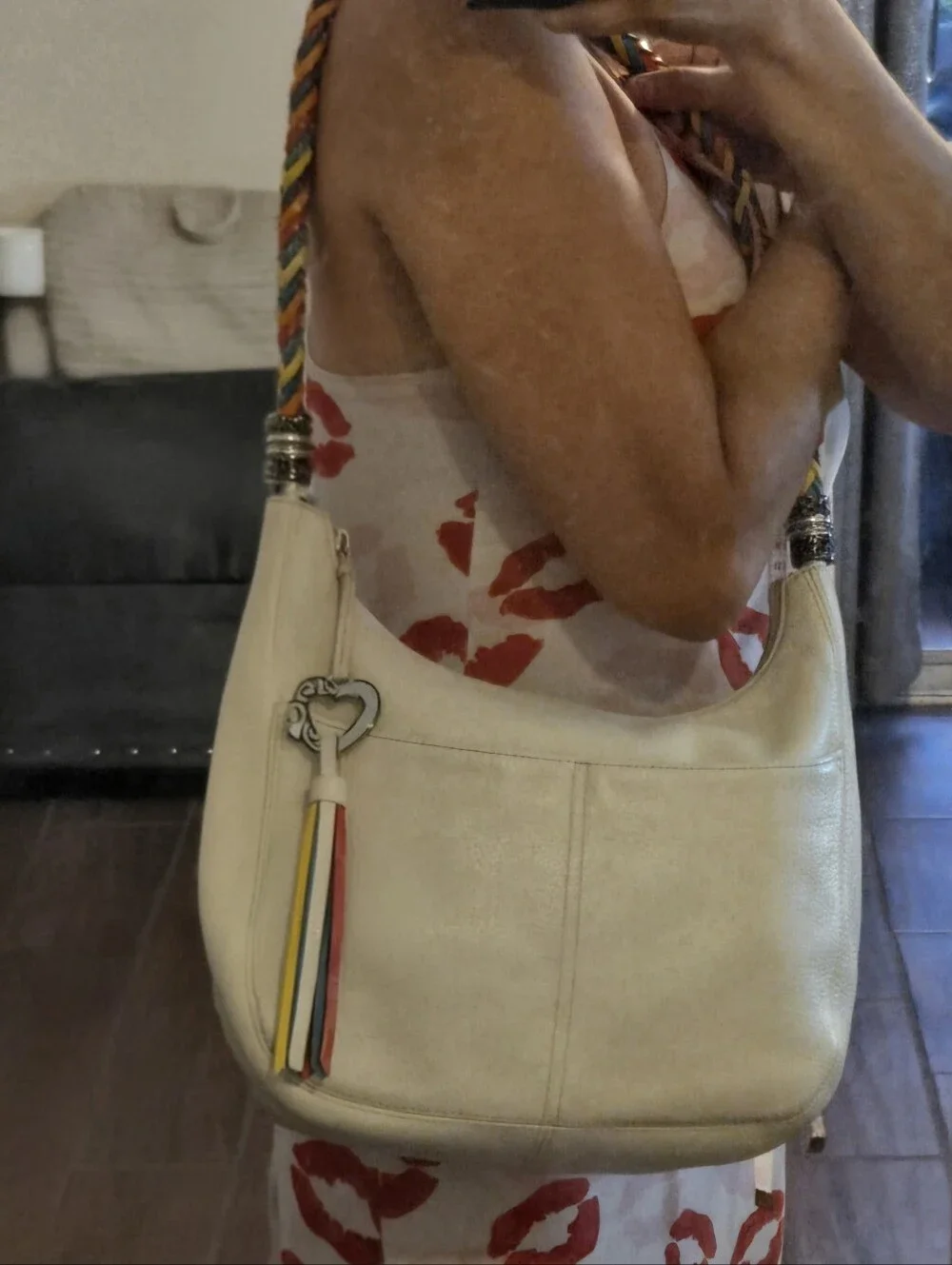 Brighton White Pebble Leather Hobo Shoulder Bag Rainbow Braided Strap